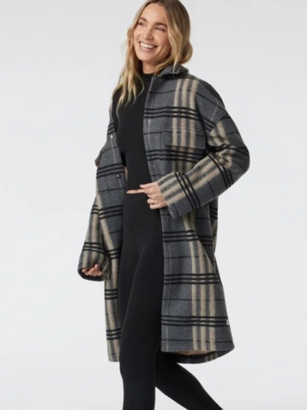 Vuori Ballard Coat Womens Large Charcoal Plaid Longline Cabin Jacket